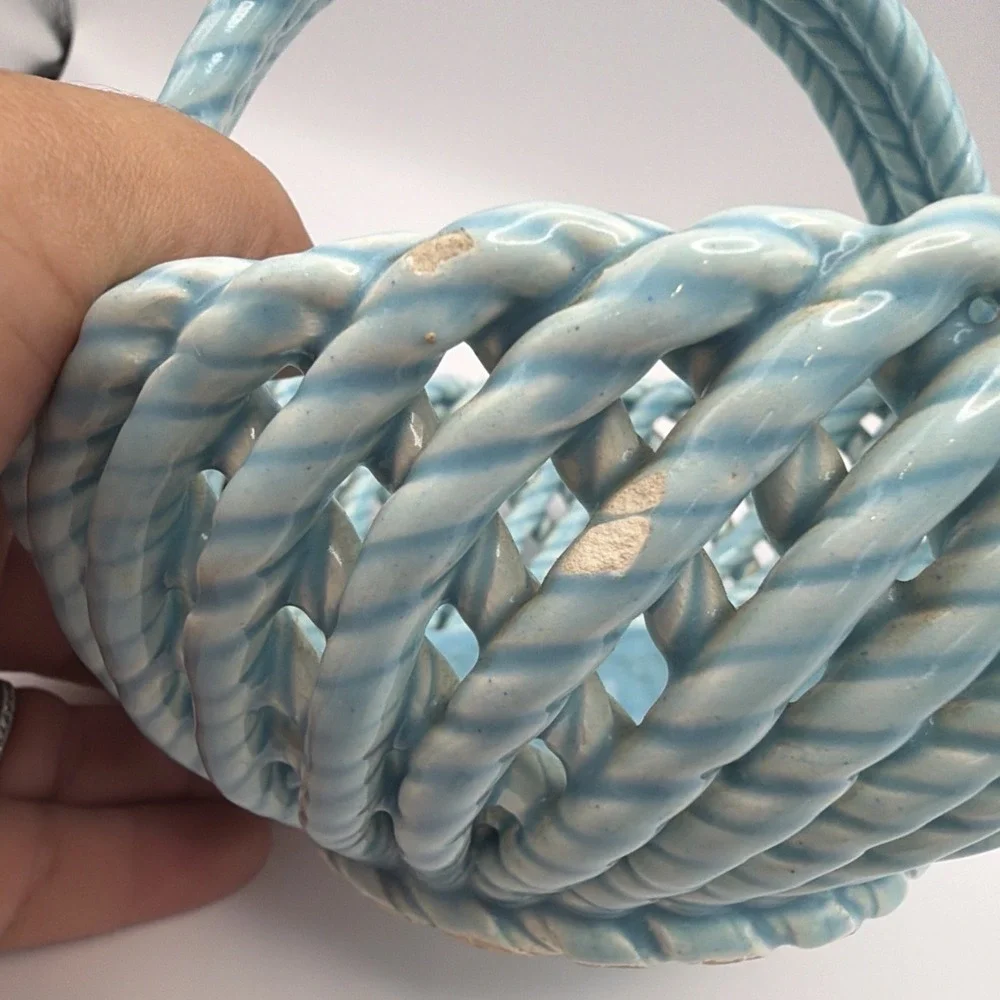 Vtg Spain Woven Ceramic Basket Aqua Blue Applied Fruit Floral Accents